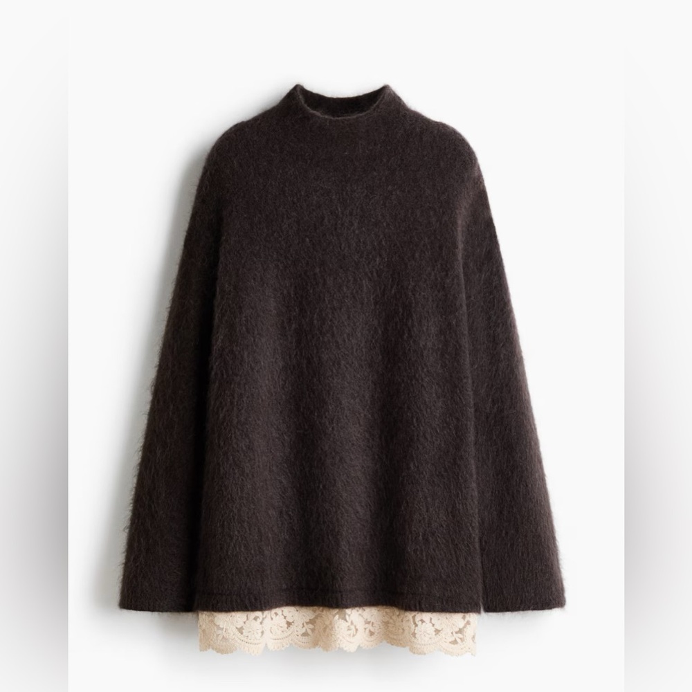 H&M Premium Selection Lace Trimmed Mohair Blend Sweater (Dark Brown & Cream) S - Picture 3 of 8